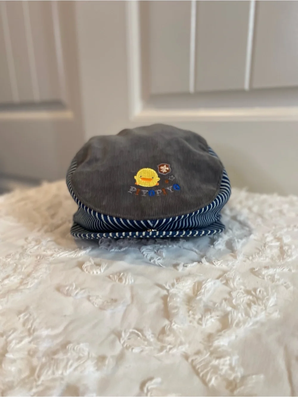 Like New!  Gymboree Gray and Navy Striped Duck Patch Kids Cap